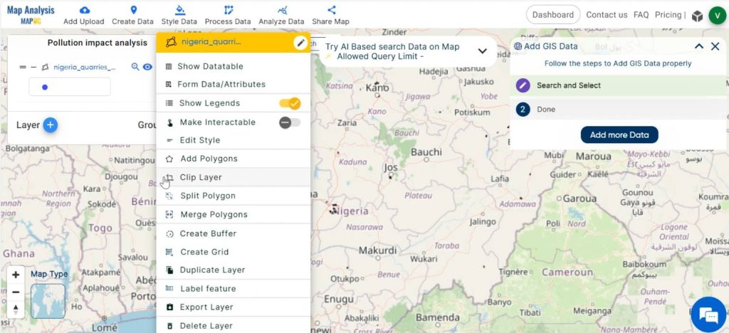 Select clip tool-Create Map for Pollution impact analysis