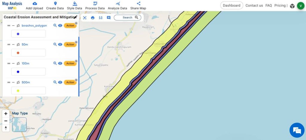 Map showing Coastal erosion susceptible regions around beach