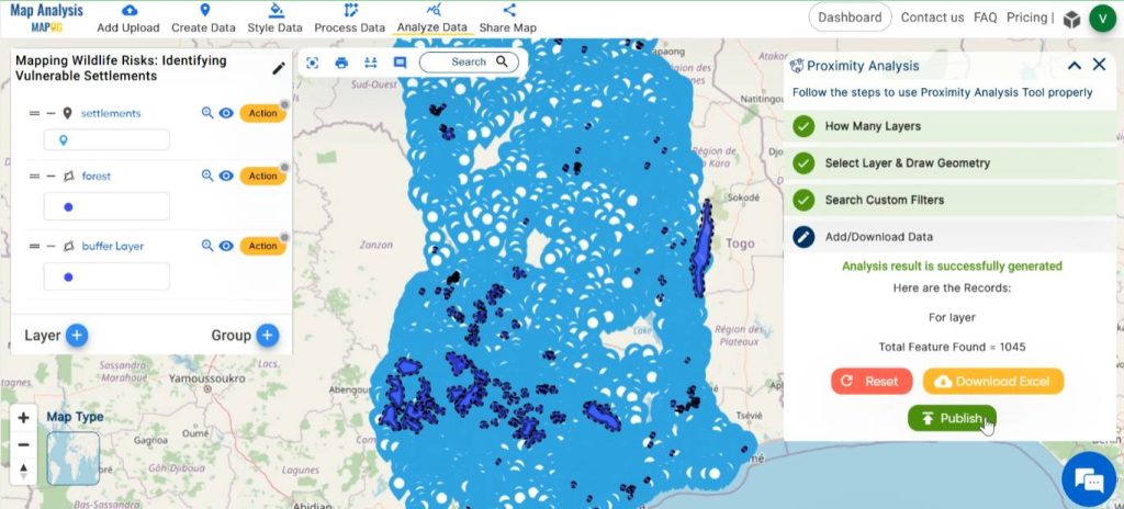 Publish the result of proximity analysis, showing vulnerable settlements