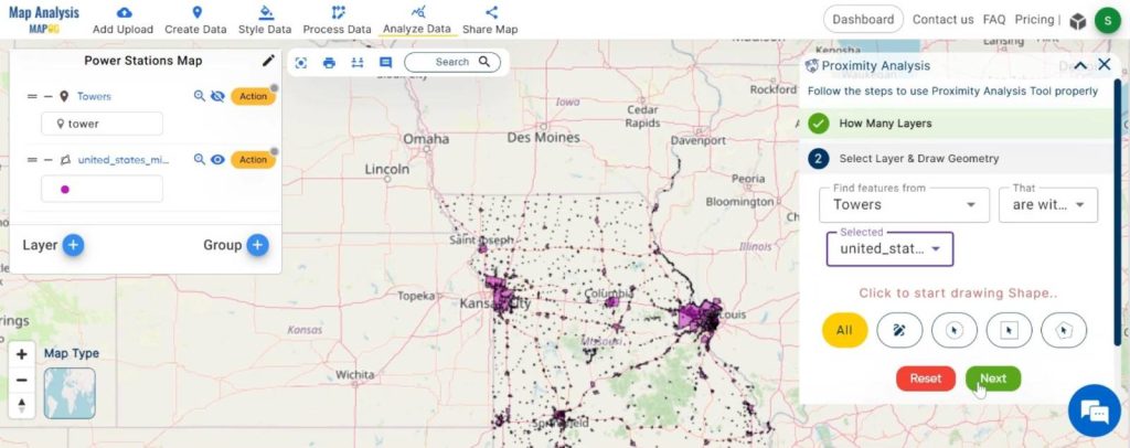 Creating Energy Maps: Unpowered Settlements: Select the finding layer and selected layer.