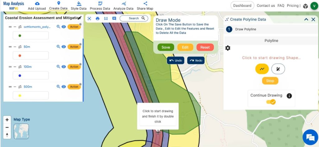 Draw line in the map representing seawall 