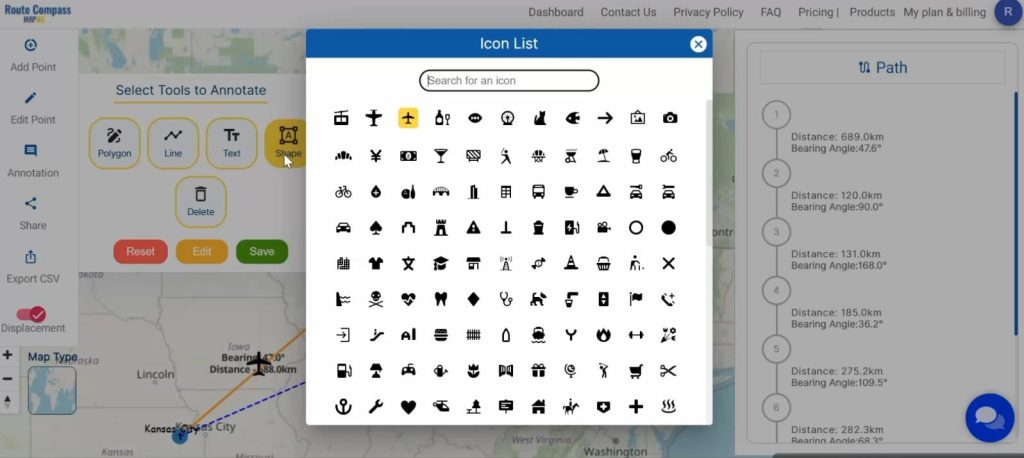 Find the best off-road routes with distance and bearing angle: Icons