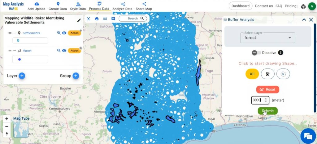 Create buffer zone for identifying vulnerable settlements