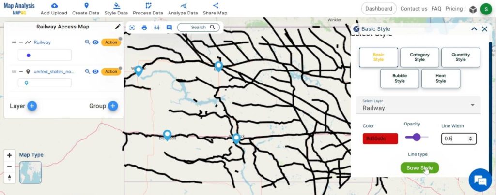 Creating Railway Access Maps: A GIS Approach: choose the layer and set the colour