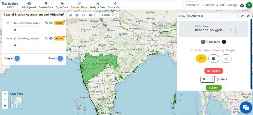 Create buffer zone for identifying coastal erosion-affected region