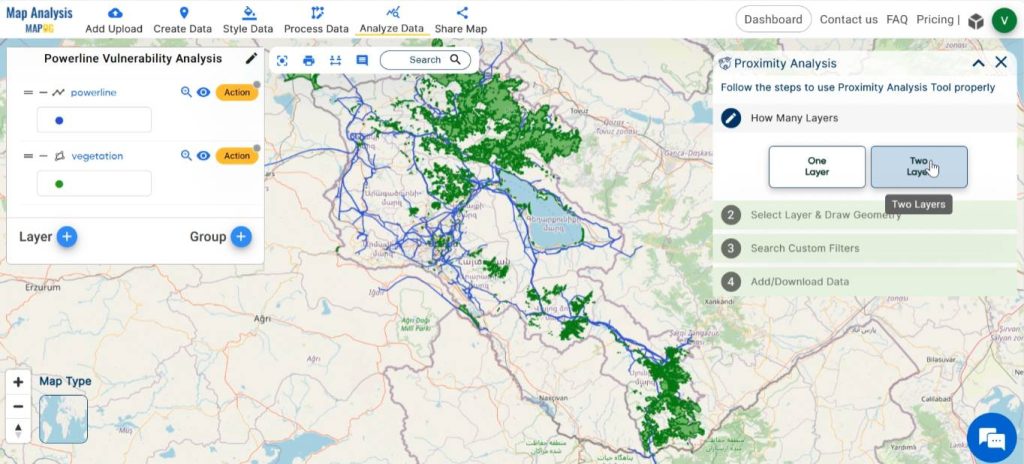 Proximity analysis tool opened