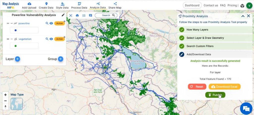 Publish result of proximity analysis