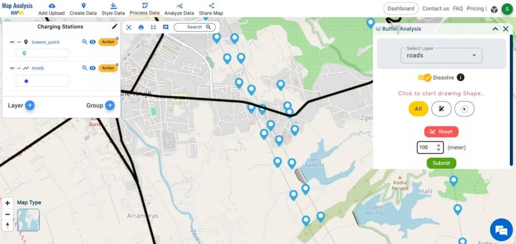 Charging station- creating buffer of 100 m around road data