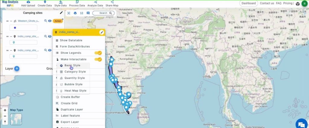 Create a map to find Camping spots in a region