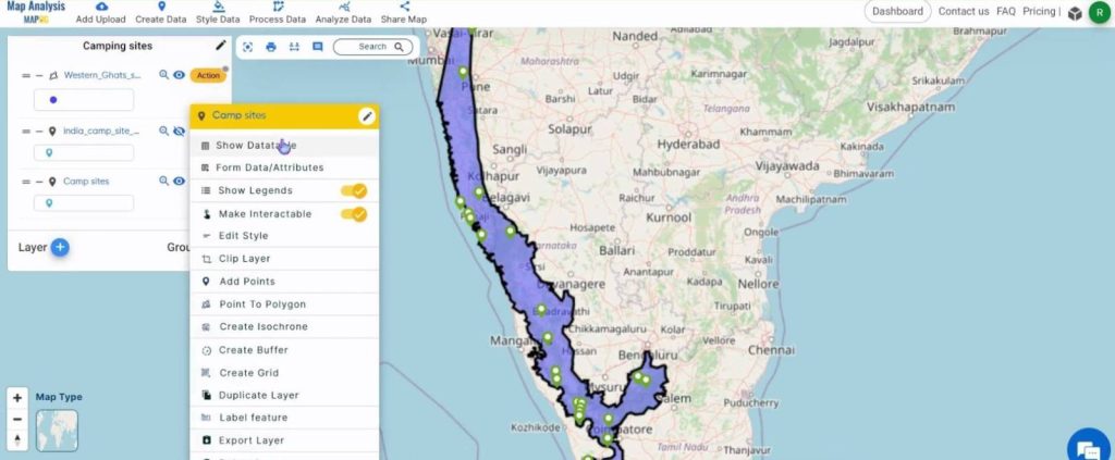 Create a map to find Camping spots in a region