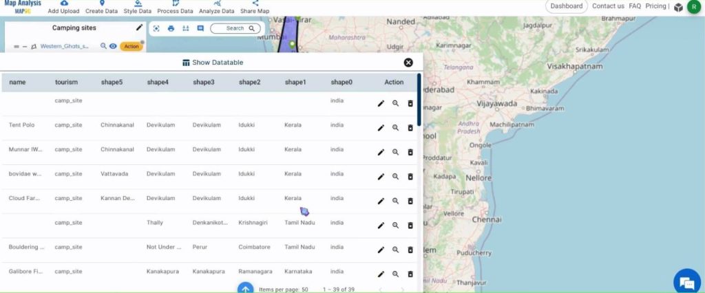 Create a map to find Camping spots in a region