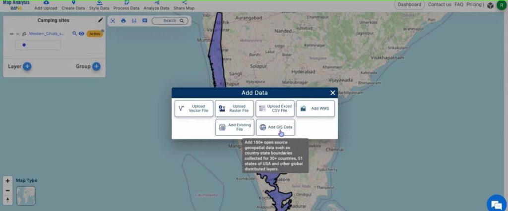 Create a map to find Camping spots in a region