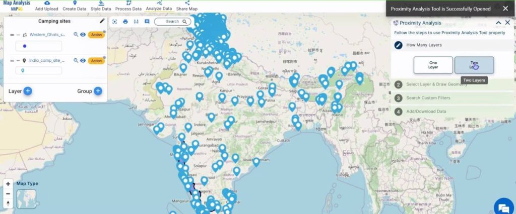 Create a map to find Camping spots in a region