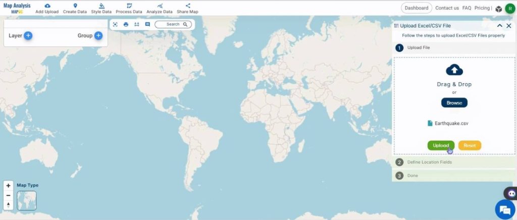 Upload the file - Create a Map to Analyze Earthquake Data