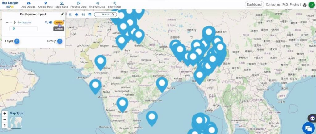 Action button - Create a Map to Analyze Earthquake Data