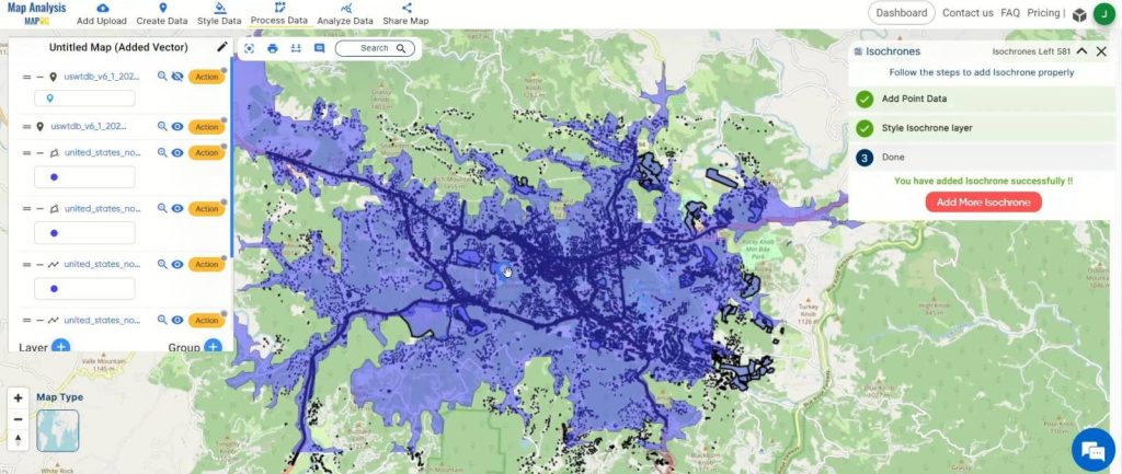 Isochrone Result- Selecting Windmill Sites Based on Key Factors