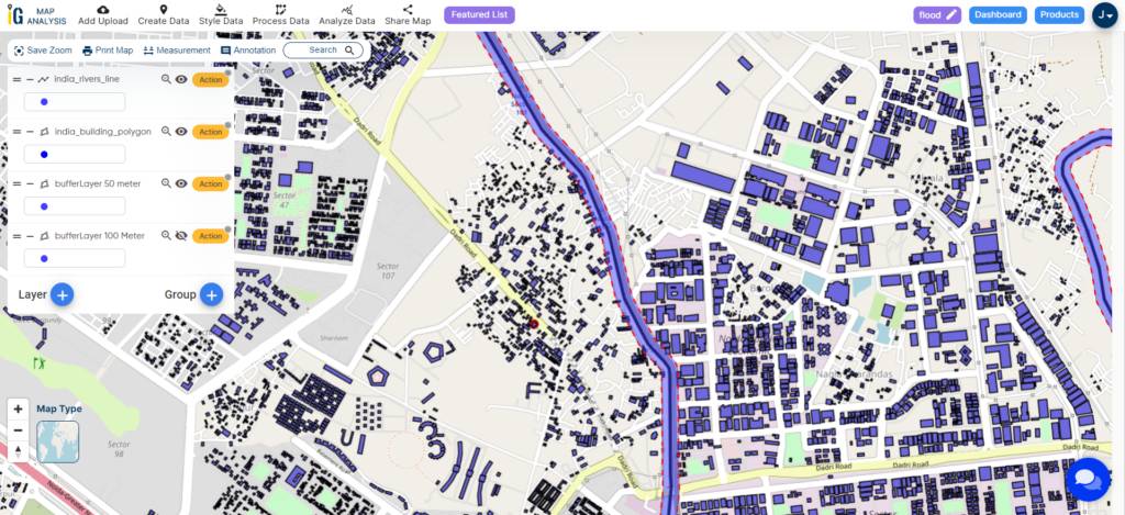 50 meter Buffer zone - Mapping and Addressing Flood Risks Along Rivers