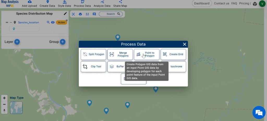 Select point to polygon tool for Mapping Species Distribution