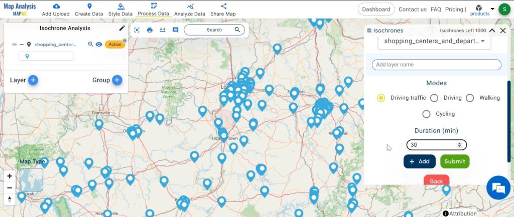 Isochrone Analysis: Mapping Travel Times: set the duration