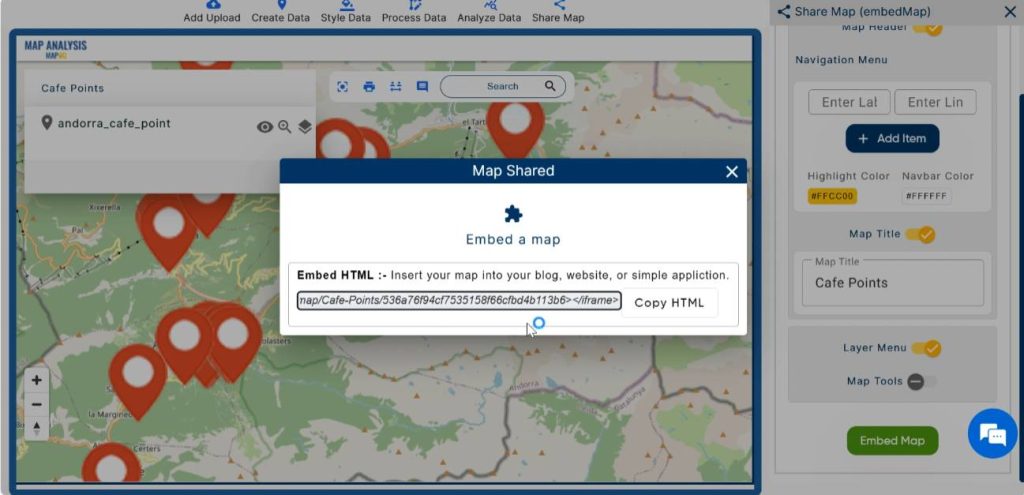 Generate HTML for thw map to embed into website