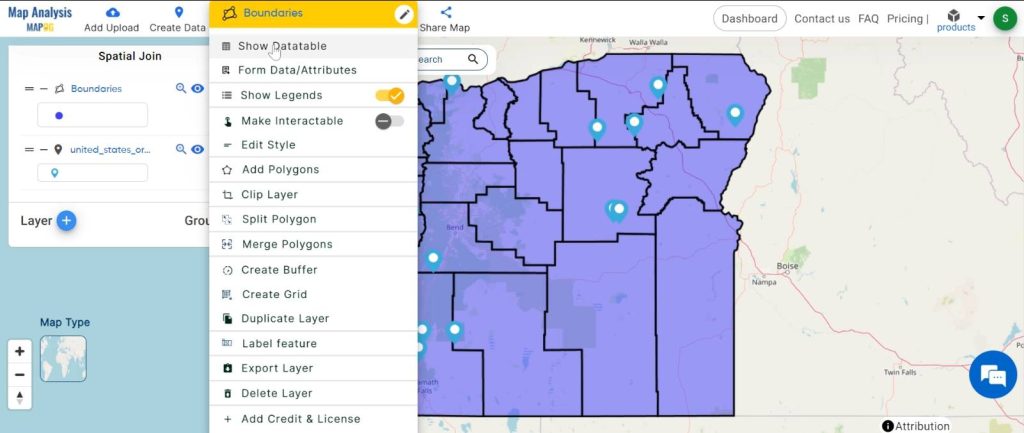 Spatial Join with intersect clause - merge different datasets: Show Datatable