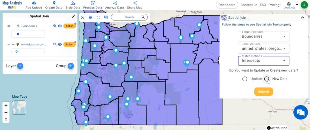 Spatial Join with intersect clause - merge different datasets: set the features