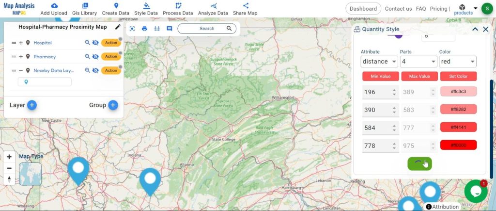 Mapping Hospital-Pharmacy Proximity: A GIS Analysis: set the range and colour